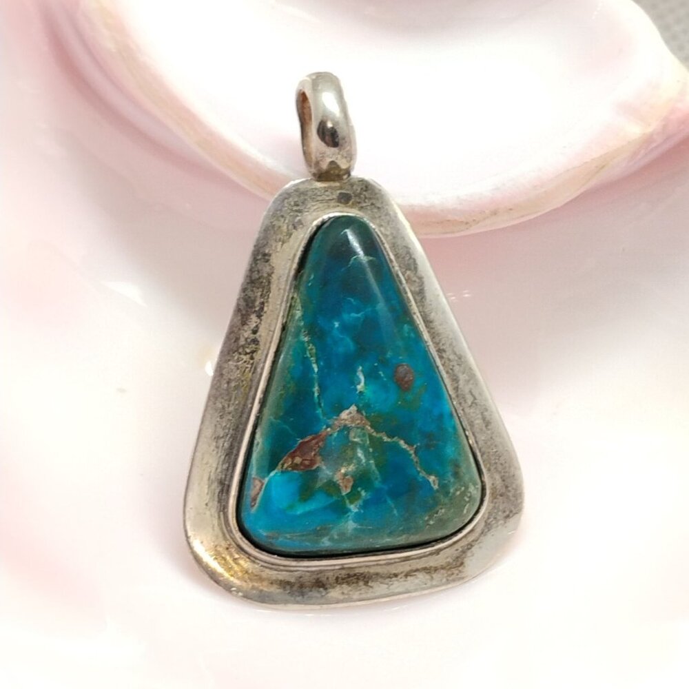 Stunning 950 Silver Blue Green Matrix Turquoise Pendant Triangle Shaped